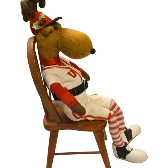 Baseball Reindeer Figurine with Wooden Doll Chair Christmas Sports Decor 15 Inch - Picture 2 of 16